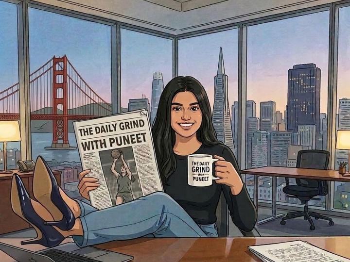 Illustration of Puneet at her desk overlooking San Francisco, reading The Daily Grind with a matching mug